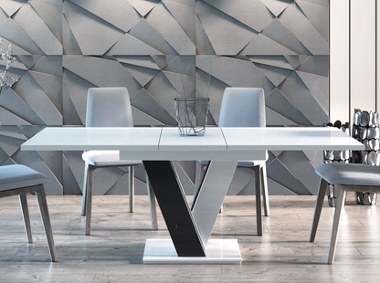 Modern MASIV extendable dining table in white gloss with black gloss detail.