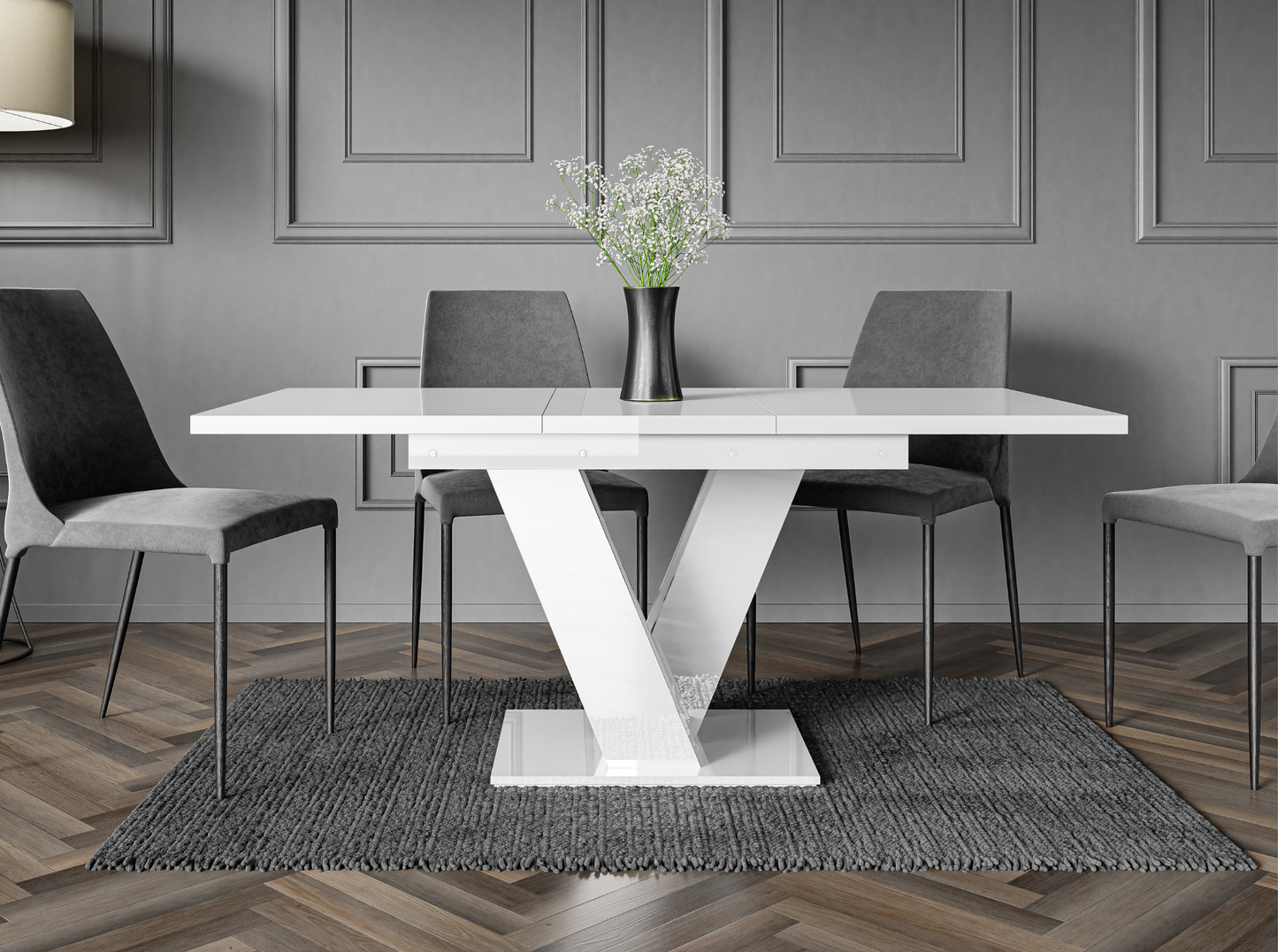 Modern MASIV extendable dining table in glossy white finish for dining rooms.