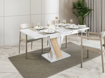 Modern MASIV extendable dining table in white gloss with oak effect detail.