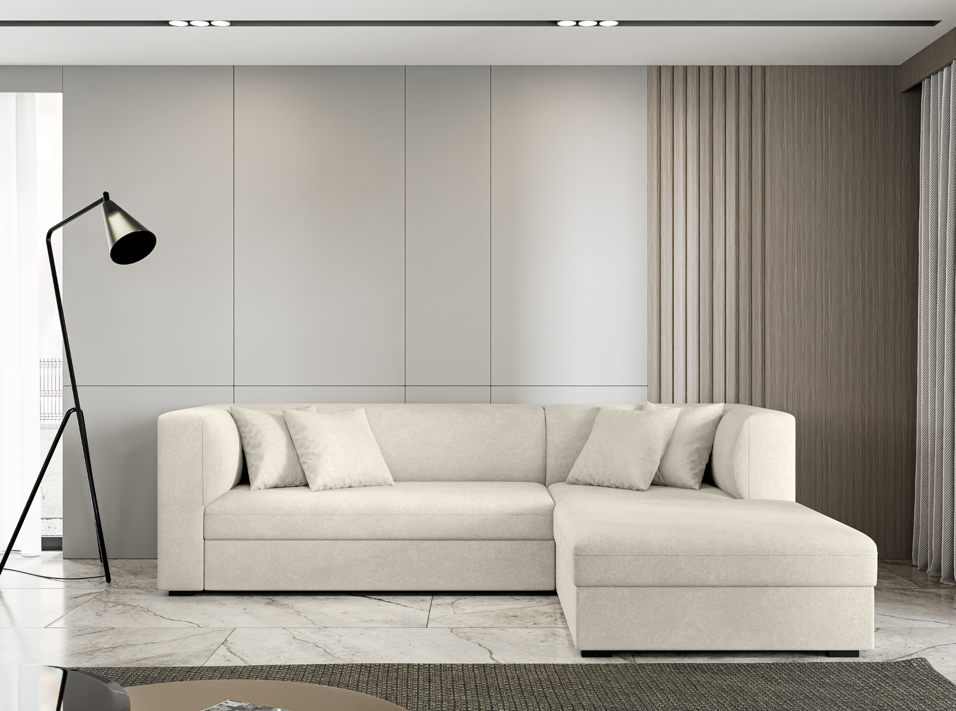 beige velvet L-shaped sofa bed with decorative cushions, elegant and space-saving design