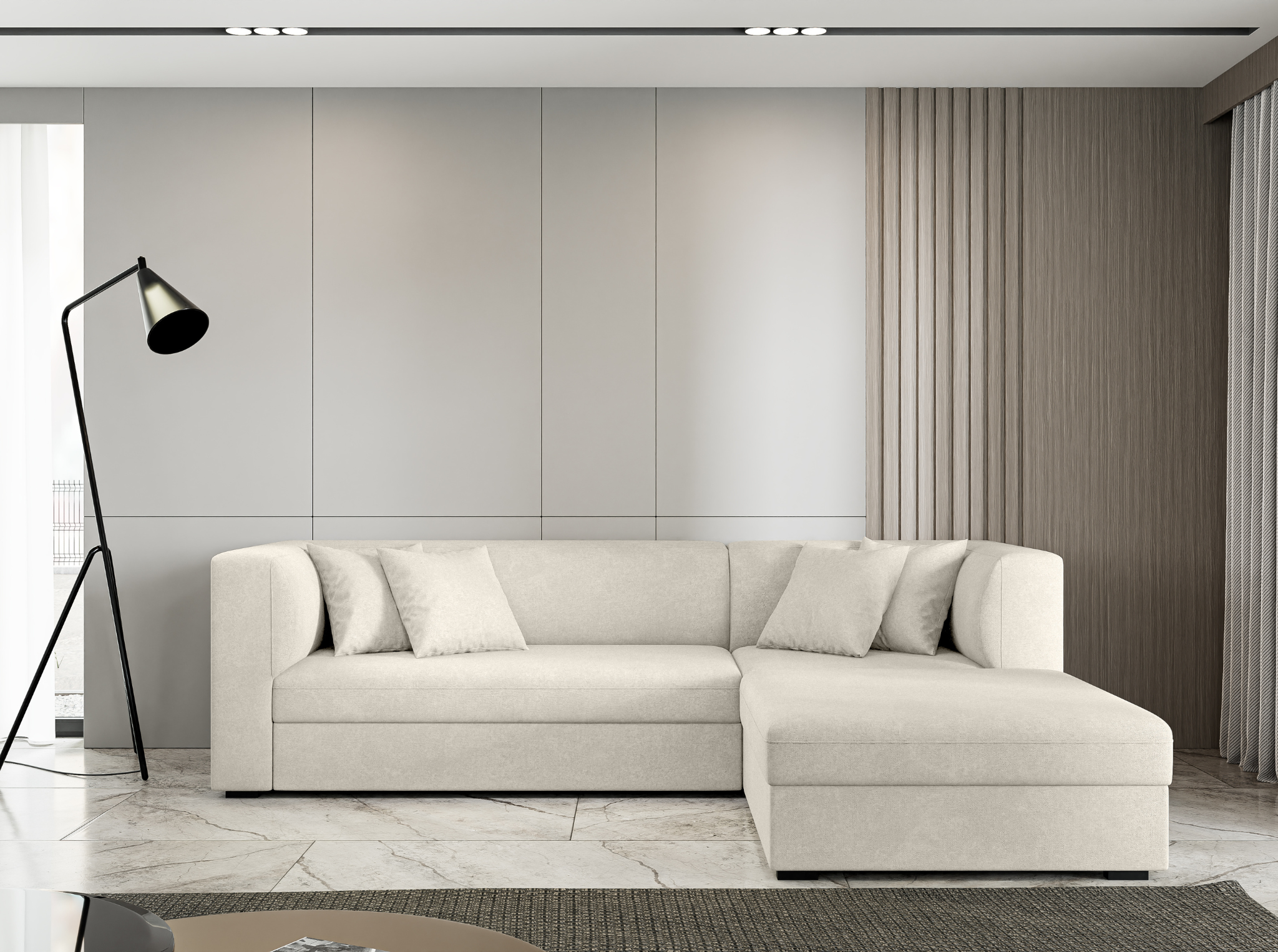 beige velvet L-shaped sofa bed with decorative cushions, elegant and space-saving design