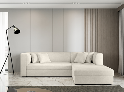 beige velvet L-shaped sofa bed with decorative cushions, elegant and space-saving design