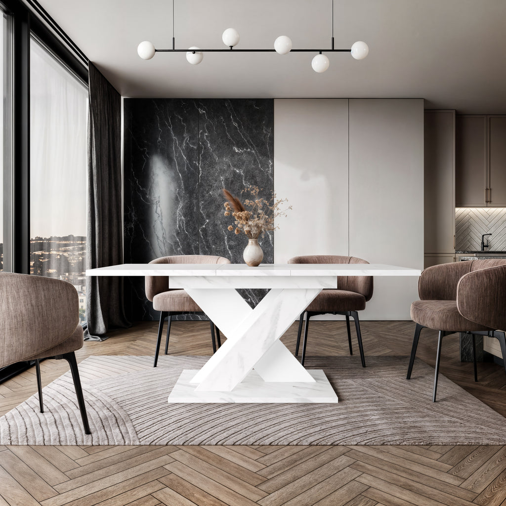 TOXX extendable dining table in White Bianco Marble Effect in a bright dining space