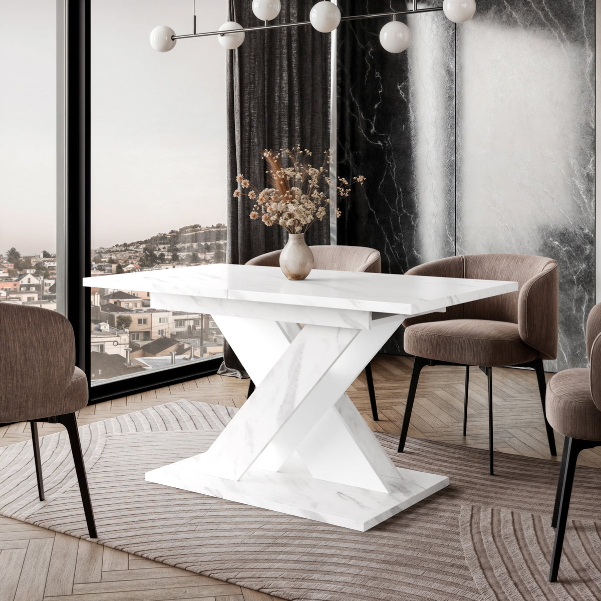 Close-up of TOXX White Bianco Marble Effect tabletop and X-shaped base