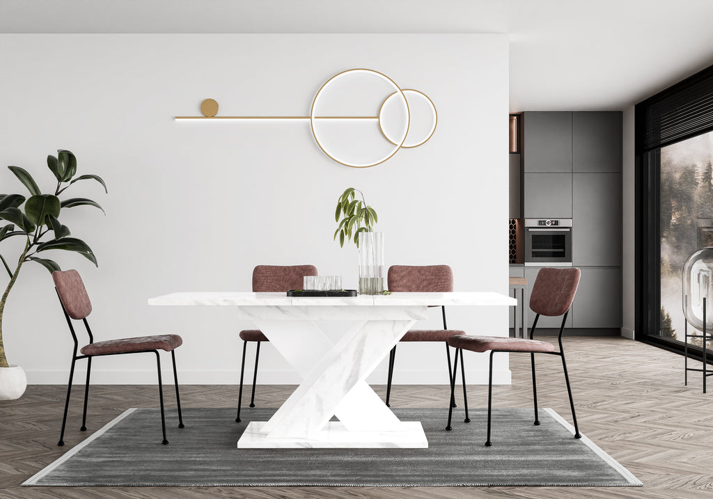 TOXX extending dining table 140–180 cm in White Bianco Marble Effect with X-shaped base in a modern dining room