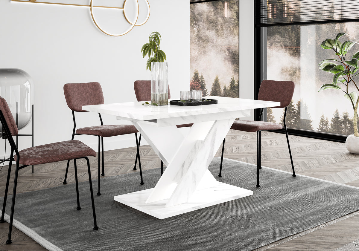 TOXX White Bianco Marble Effect dining table with X-shaped base, modern interior