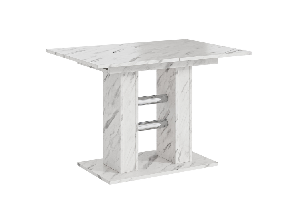 Partially extended dining table with White Bianco Marble Effect top and solid central base