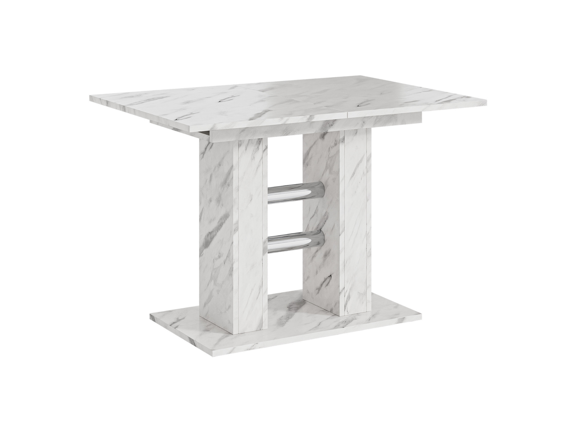 Partially extended dining table with White Bianco Marble Effect top and solid central base