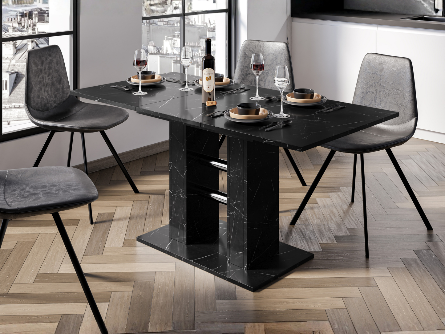 Extendable dining table WILD MINI with Black Royal Marble Effect top in a modern dining interior