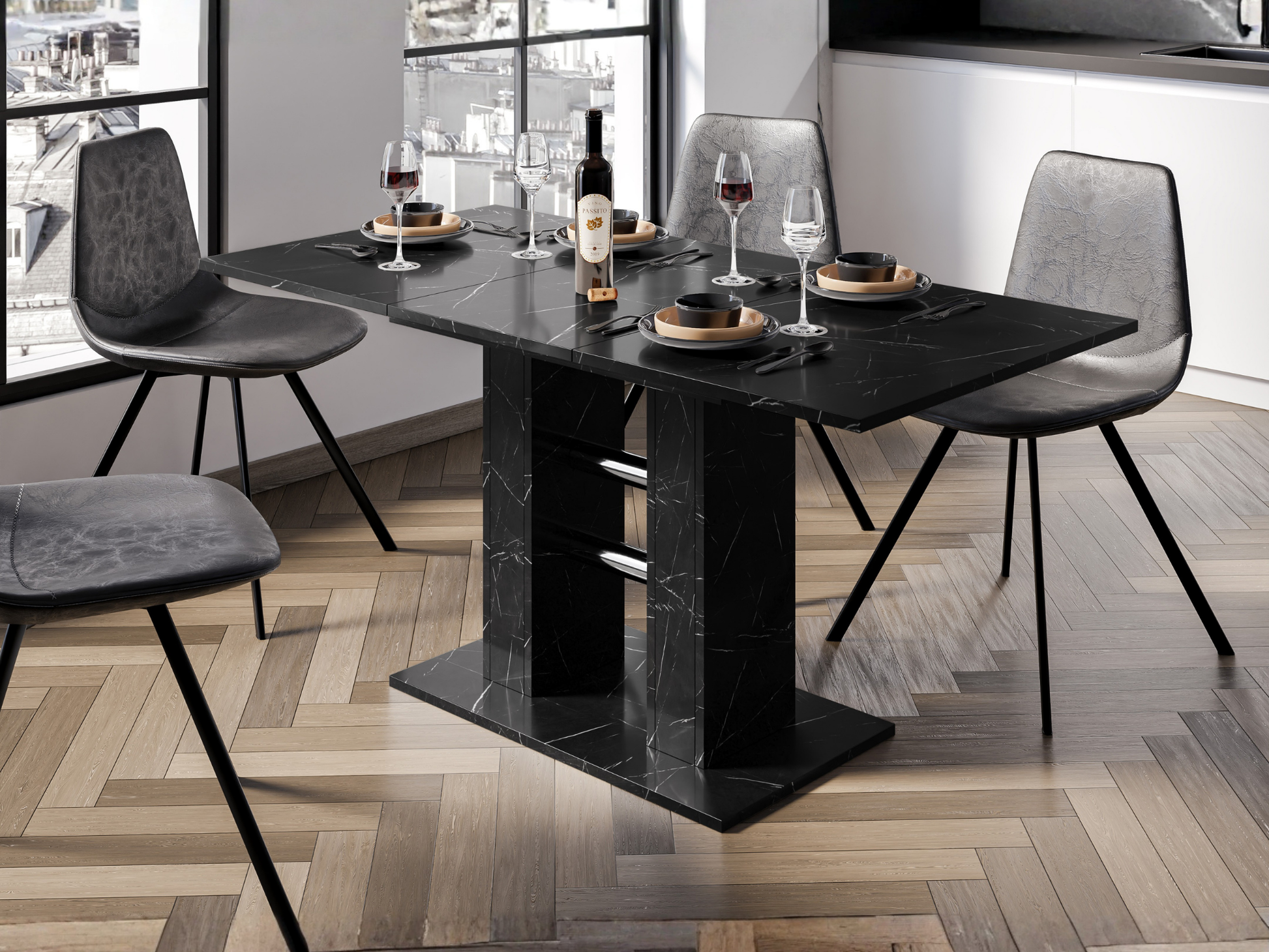 Extendable dining table WILD MINI with Black Royal Marble Effect top in a modern dining interior