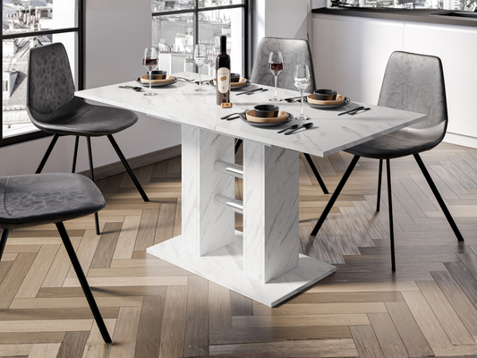 Extendable dining table WILD MINI with White Bianco Marble Effect top in a bright modern dining room