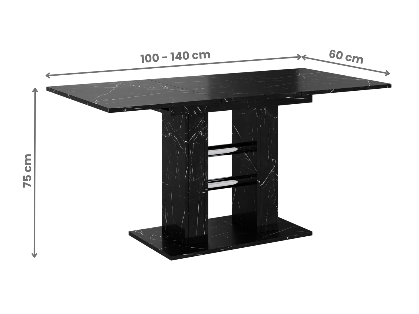 Extending dining table WILD MINI shown closed, with black marble effect surface and solid central base