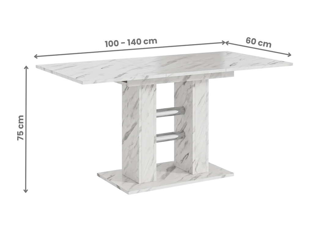 WILD MINI extending dining table shown in closed position with White Bianco Marble Effect surface and central pedestal base