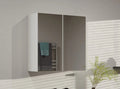White wall mounted bathroom mirror cabinet above sink, space saving bathroom storage unit with mirrored doors, modern design