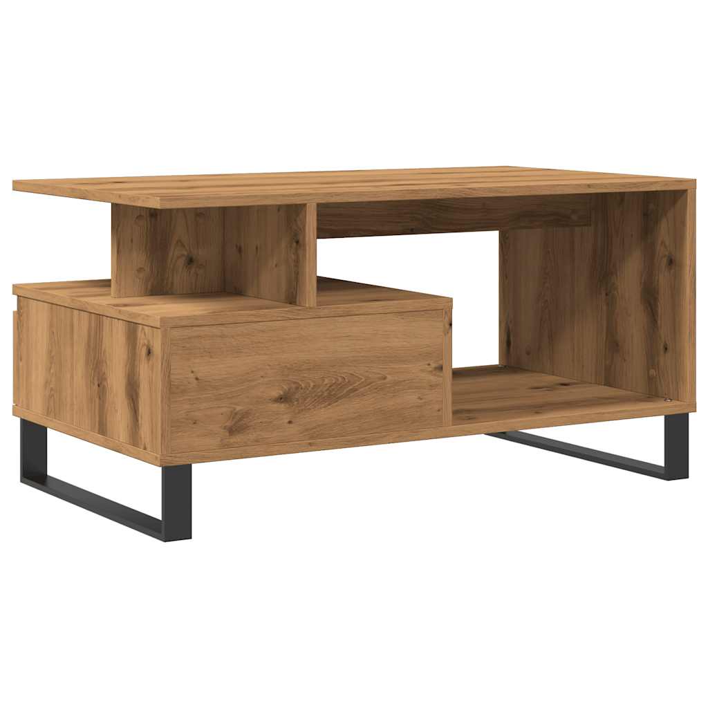 Small coffee table with open shelves in artisan oak finish and solid metal frame, blending practicality with style.