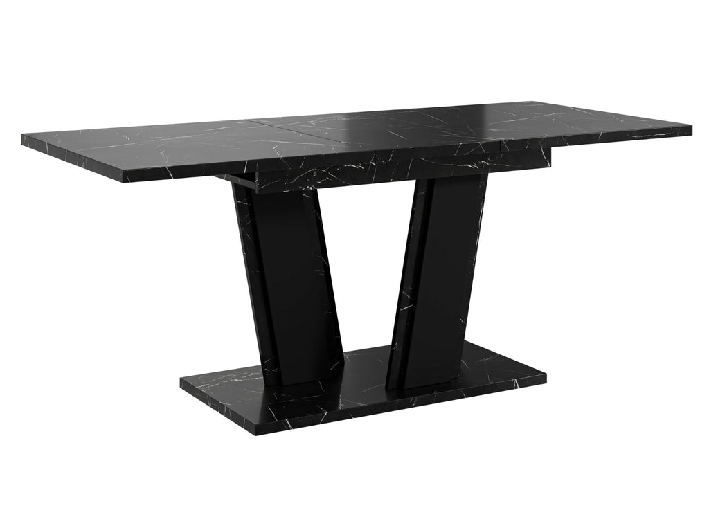 Contemporary dining table Muss with a black marble look tabletop and solid black pedestal base in a V-shaped design, compact extending table suitable for modern kitchens and dining rooms.