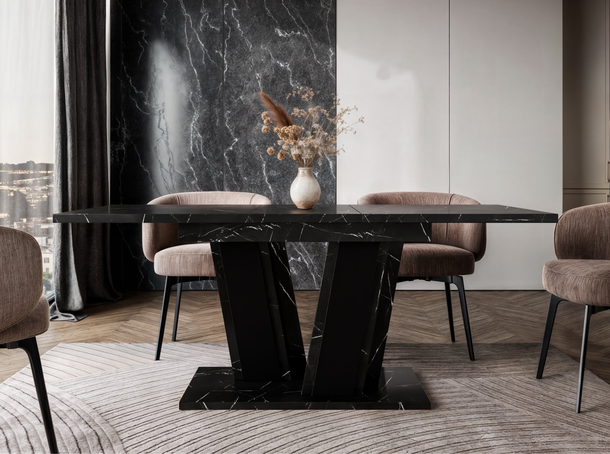 Compact extending dining table Muss with black marble effect tabletop and black base, size 120–160 × 80 × 75 cm, designed to comfortably seat 4 to 6 people in a dining area.
