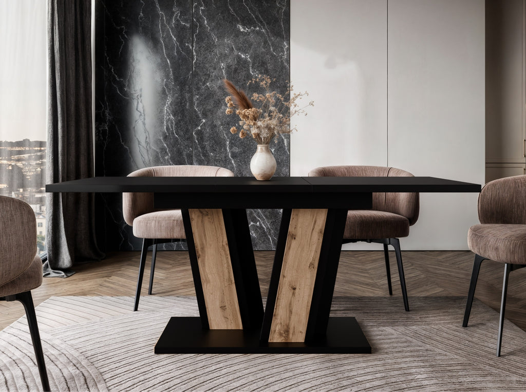 Compact extending dining table Muss with black top and wotan oak effect pedestal base, size 120–160 × 80 × 75 cm, suitable for comfortable seating for 4 to 6 people.