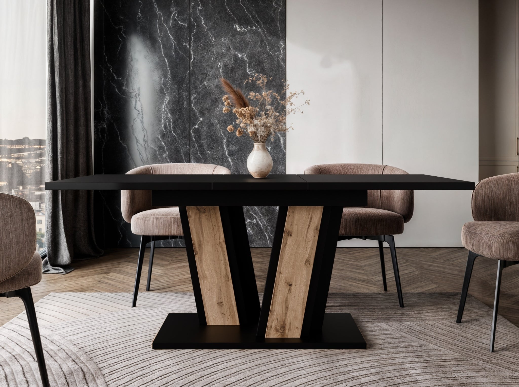 Compact extending dining table Muss with black top and wotan oak effect pedestal base, size 120–160 × 80 × 75 cm, suitable for comfortable seating for 4 to 6 people.