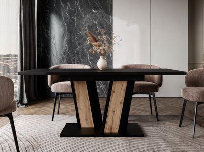 Compact extending dining table Muss with black top and wotan oak effect pedestal base, size 120–160 × 80 × 75 cm, suitable for comfortable seating for 4 to 6 people.