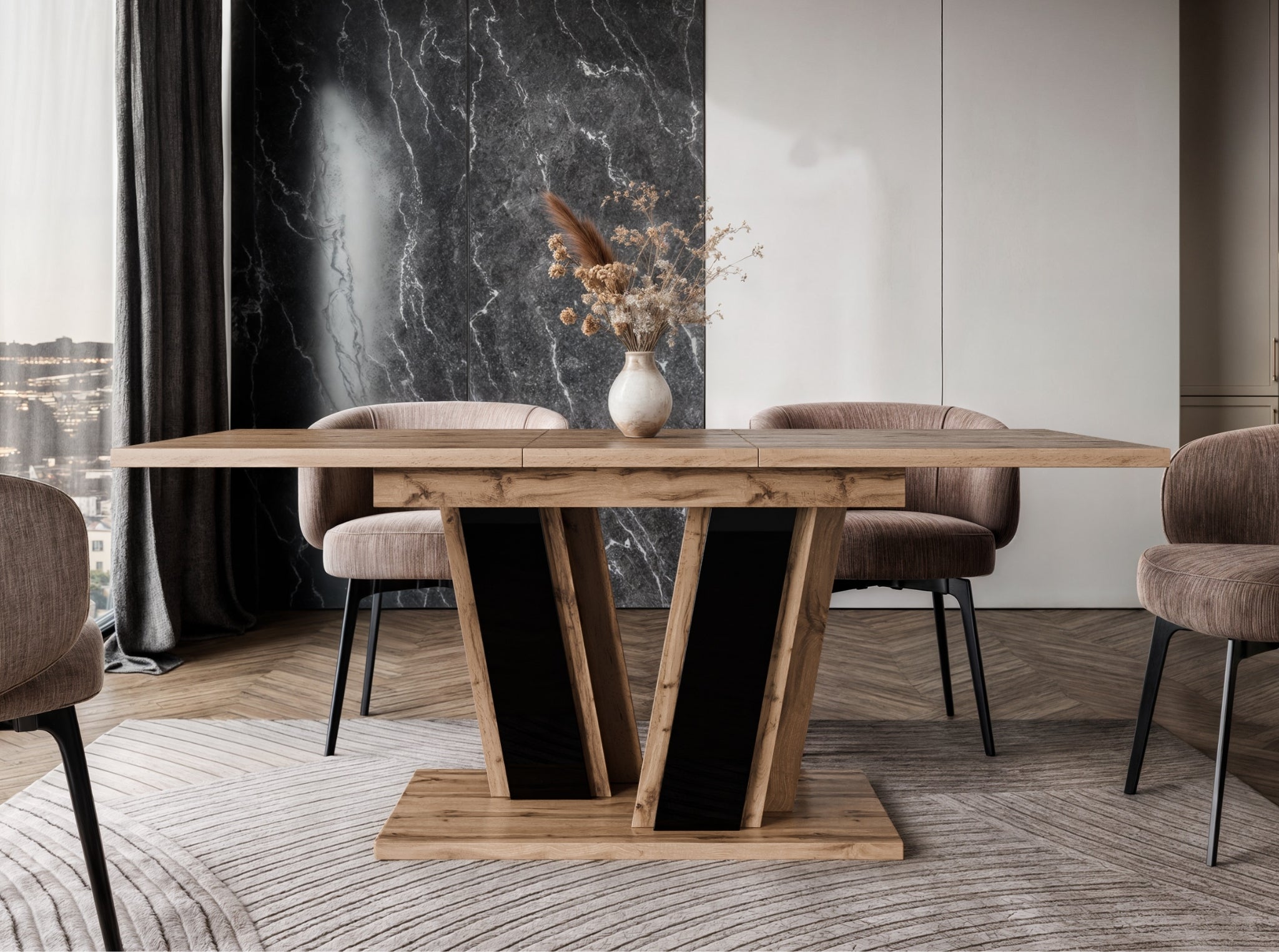 Compact extending dining table Muss with wotan effect tabletop and black gloss base, size 120–160 × 80 × 75 cm, designed to comfortably seat 4 to 6 people.