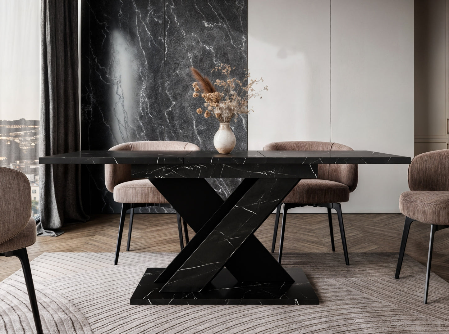 Compact extending dining table TOXX with black royal marble effect tabletop and black pedestal base, size 120–160 × 80 × 75 cm, designed to comfortably seat 4 to 6 people.