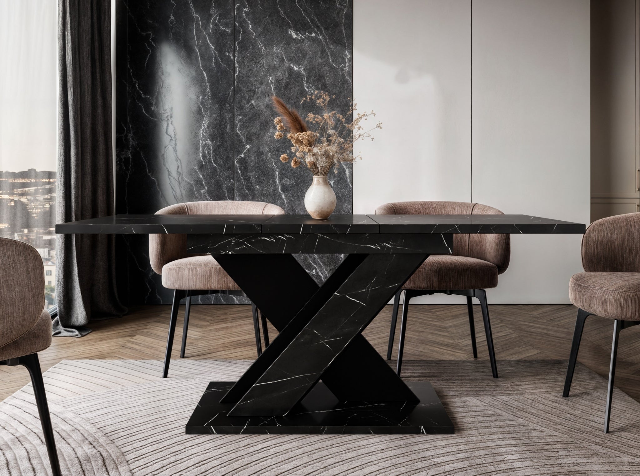 Compact extending dining table TOXX with black royal marble effect tabletop and black pedestal base, size 120–160 × 80 × 75 cm, designed to comfortably seat 4 to 6 people.