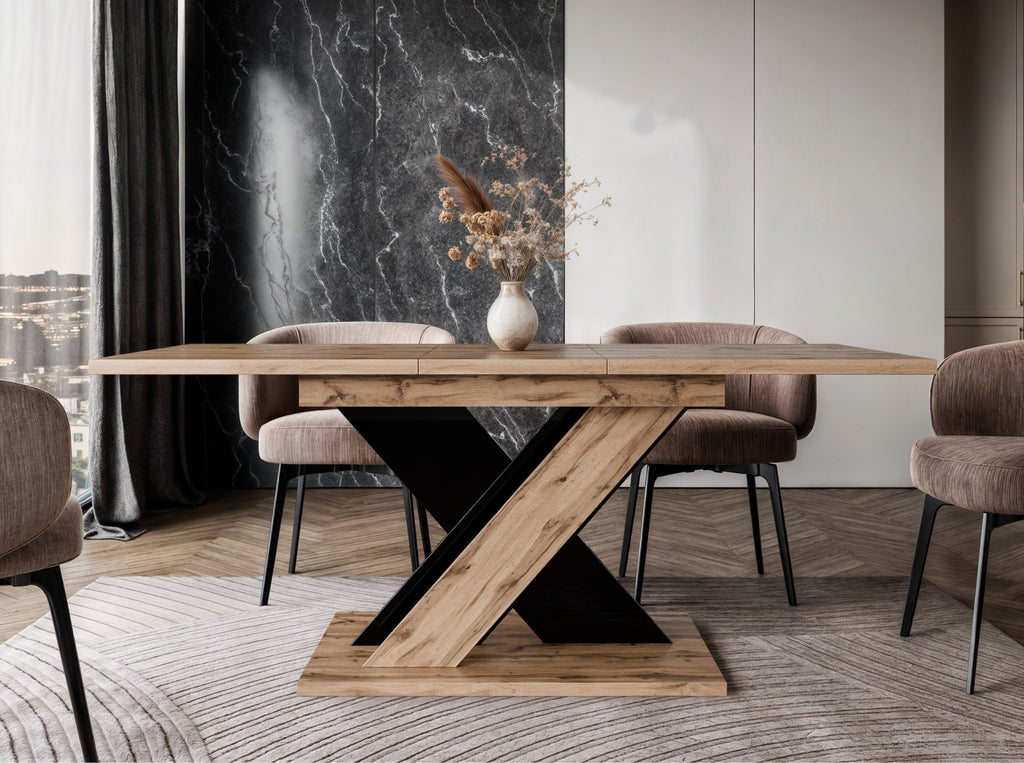Compact extending dining table TOXX with wotan oak effect tabletop and black gloss X-shaped base, size 120–160 × 80 × 75 cm, designed to comfortably seat 4 to 6 people.