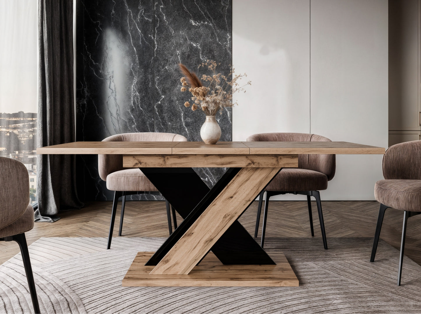 Compact extending dining table TOXX with wotan oak effect tabletop and black gloss X-shaped base, size 120–160 × 80 × 75 cm, designed to comfortably seat 4 to 6 people.