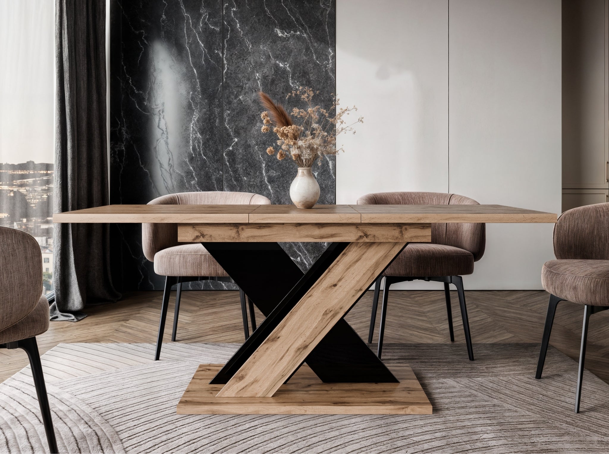 Compact extending dining table TOXX with wotan oak effect tabletop and black gloss X-shaped base, size 120–160 × 80 × 75 cm, designed to comfortably seat 4 to 6 people.