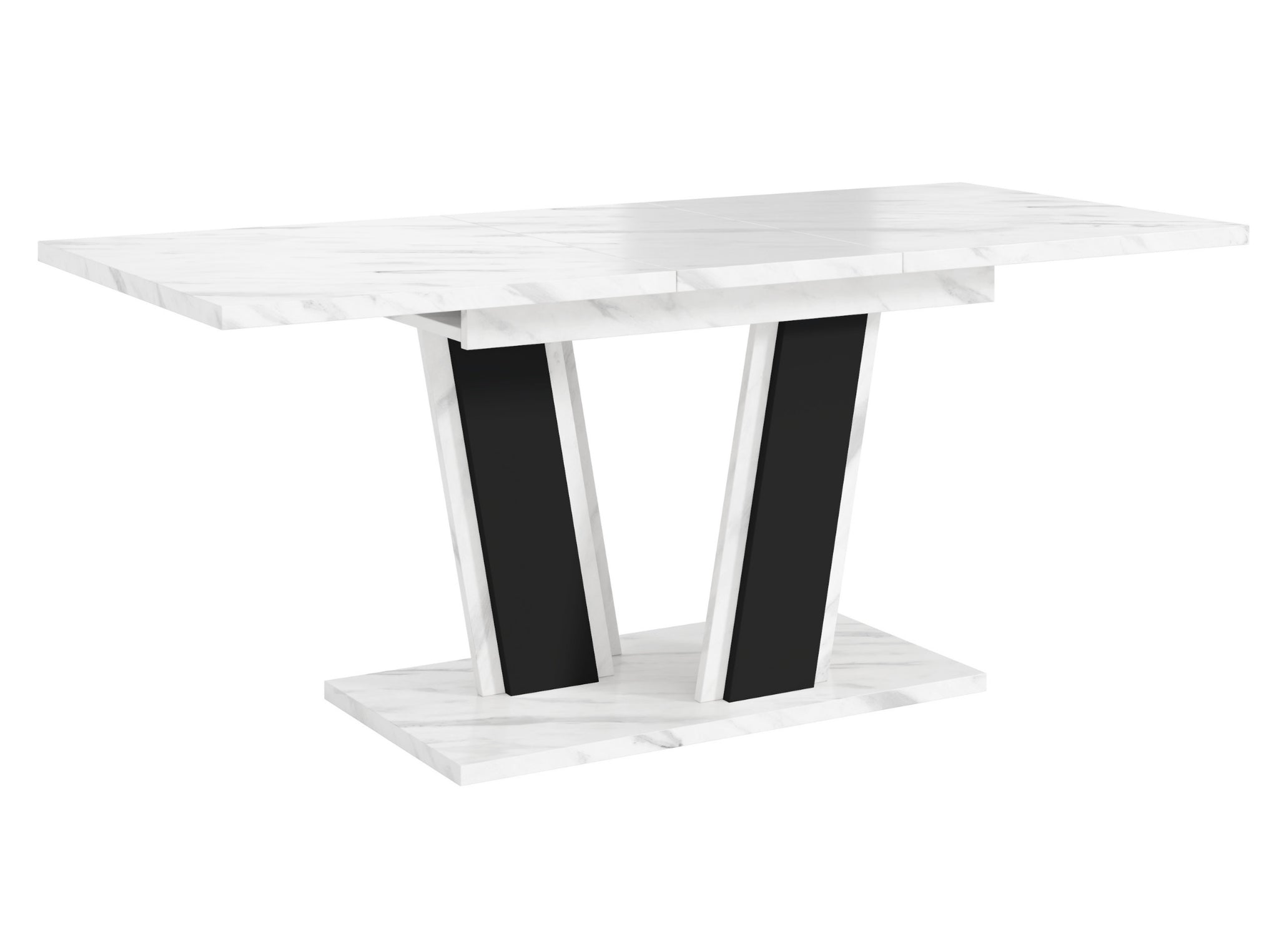 Contemporary dining room table Muss featuring a white high gloss top and black double V-shaped pedestal base, modern design, solid construction suitable for glamour or modern interiors.