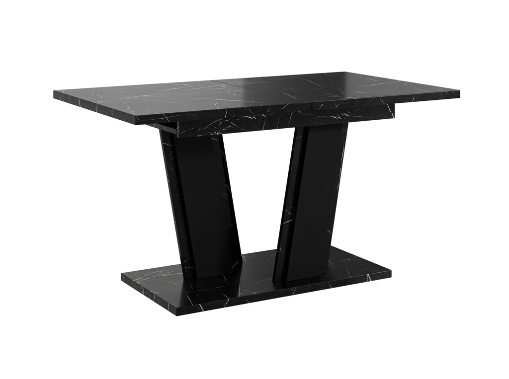 Modern extending dining table Muss featuring a black marble effect tabletop and matching black pedestal base, rectangular top measuring 120–160 cm in length, 80 cm in width and 75 cm in height, contemporary dining furniture.