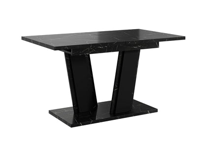 Modern extending dining table Muss featuring a black marble effect tabletop and matching black pedestal base, rectangular top measuring 120–160 cm in length, 80 cm in width and 75 cm in height, contemporary dining furniture.
