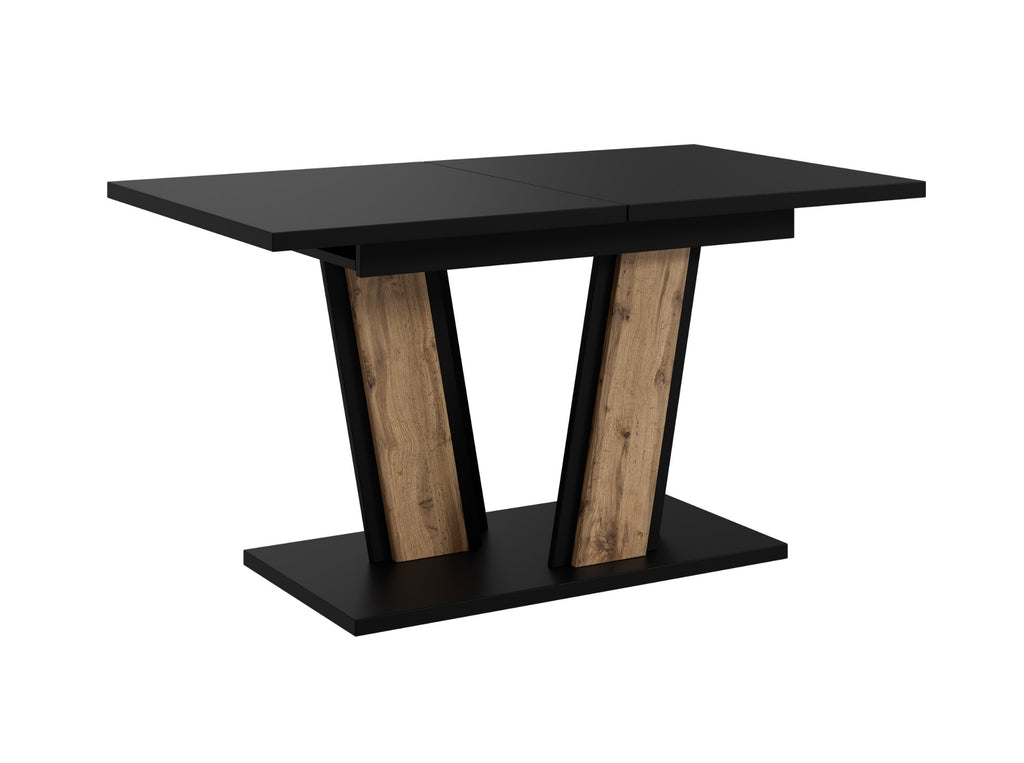 Modern extending dining table Muss with a black rectangular tabletop and contrasting wotan oak effect inserts in the pedestal base, dimensions 120–160 cm length, 80 cm width and 75 cm height, contemporary design.