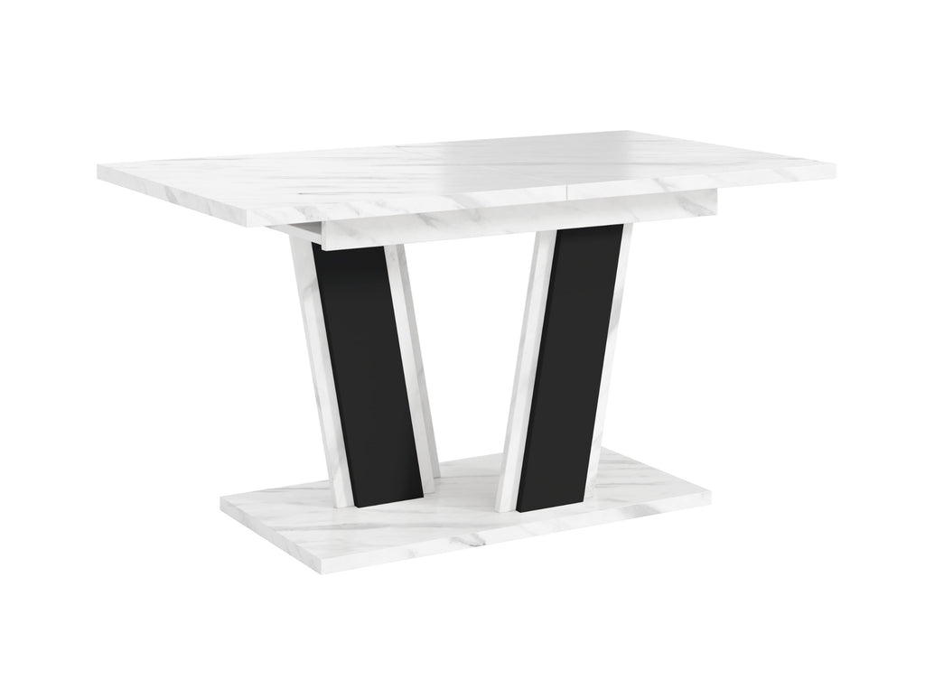 Modern extending dining table Muss in white high gloss finish with a geometric V-shaped base in black, rectangular MDF tabletop, sturdy pedestal base on a wide bottom platform.