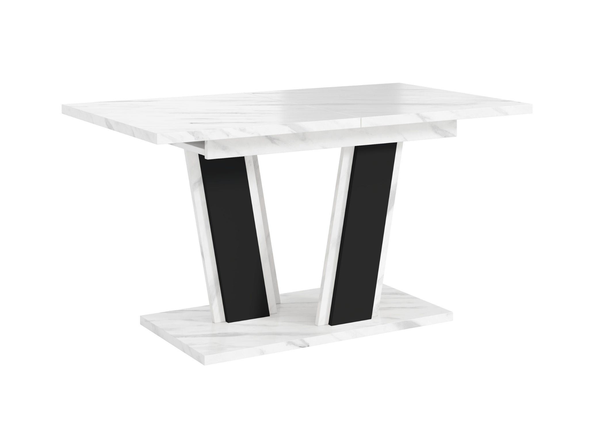 Modern extending dining table Muss in white high gloss finish with a geometric V-shaped base in black, rectangular MDF tabletop, sturdy pedestal base on a wide bottom platform.