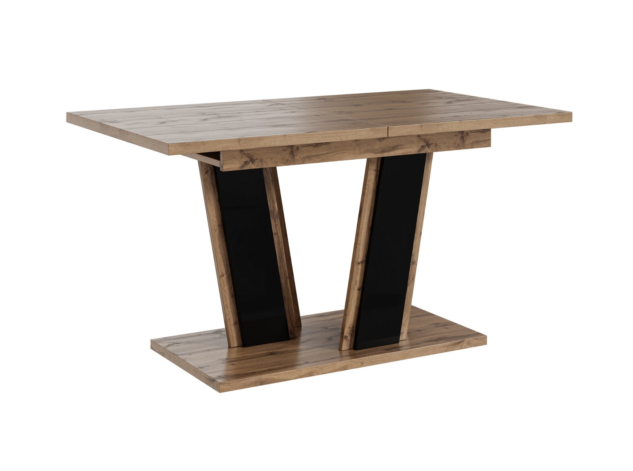Modern extending dining table Muss featuring a wotan effect tabletop and black gloss pedestal base, rectangular top measuring 120–160 cm in length, 80 cm in width and 75 cm in height, contemporary dining furniture.