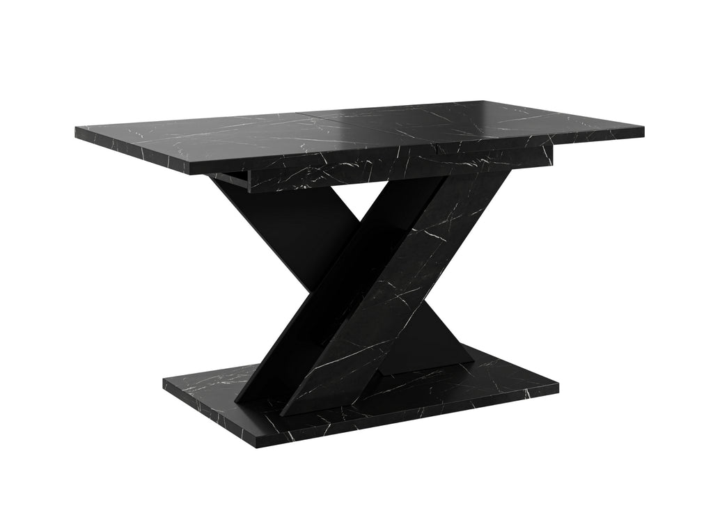 Modern extending dining table TOXX featuring a black royal marble effect tabletop and matching black X-shaped pedestal base, rectangular top measuring 120–160 cm in length, 80 cm in width and 75 cm in height.