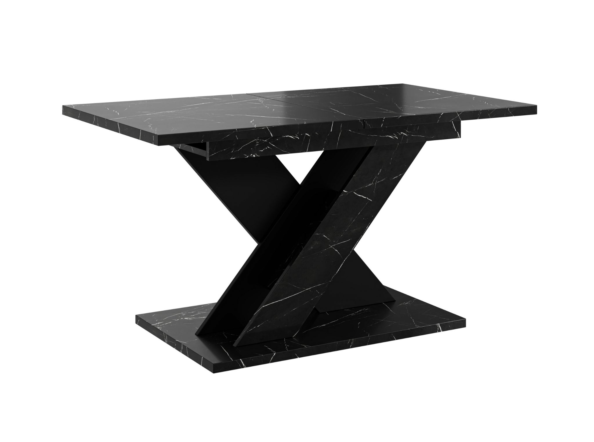 Modern extending dining table TOXX featuring a black royal marble effect tabletop and matching black X-shaped pedestal base, rectangular top measuring 120–160 cm in length, 80 cm in width and 75 cm in height.