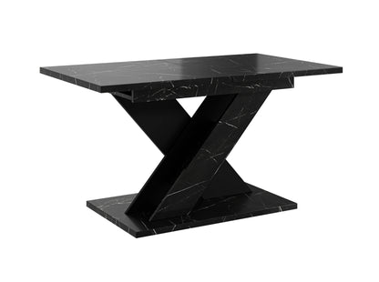 Modern extending dining table TOXX featuring a black royal marble effect tabletop and matching black X-shaped pedestal base, rectangular top measuring 120–160 cm in length, 80 cm in width and 75 cm in height.