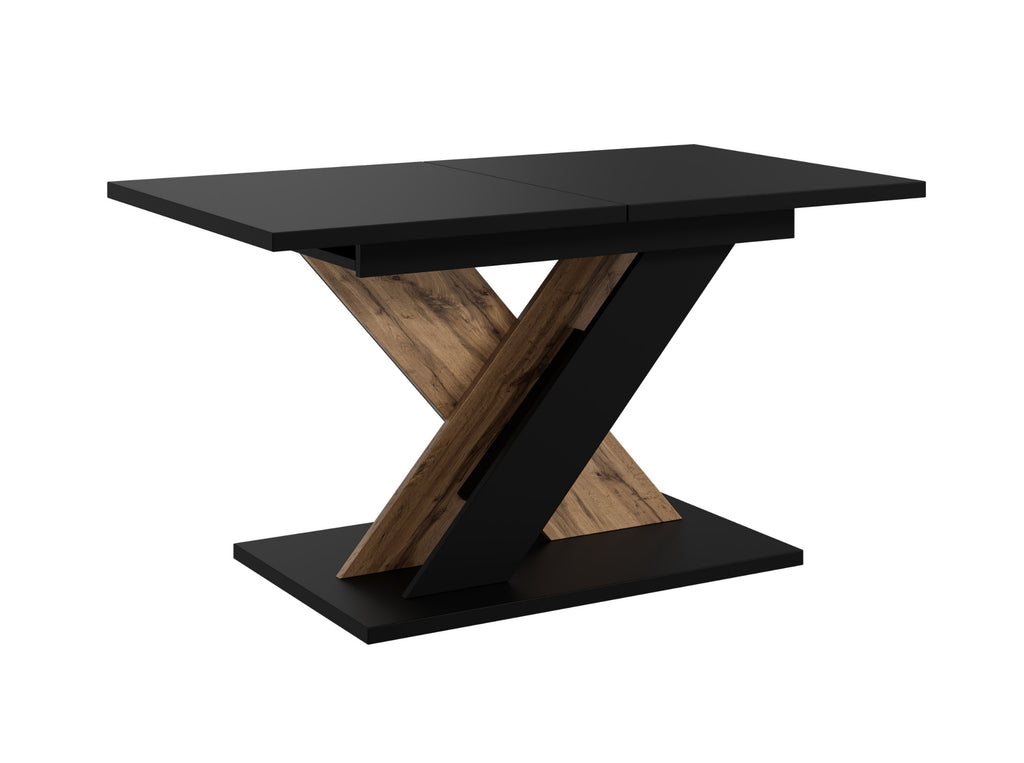 Modern extending dining table TOXX featuring a black rectangular tabletop and contrasting wotan oak effect X-shaped pedestal base, dimensions 120–160 cm length, 80 cm width and 75 cm height.