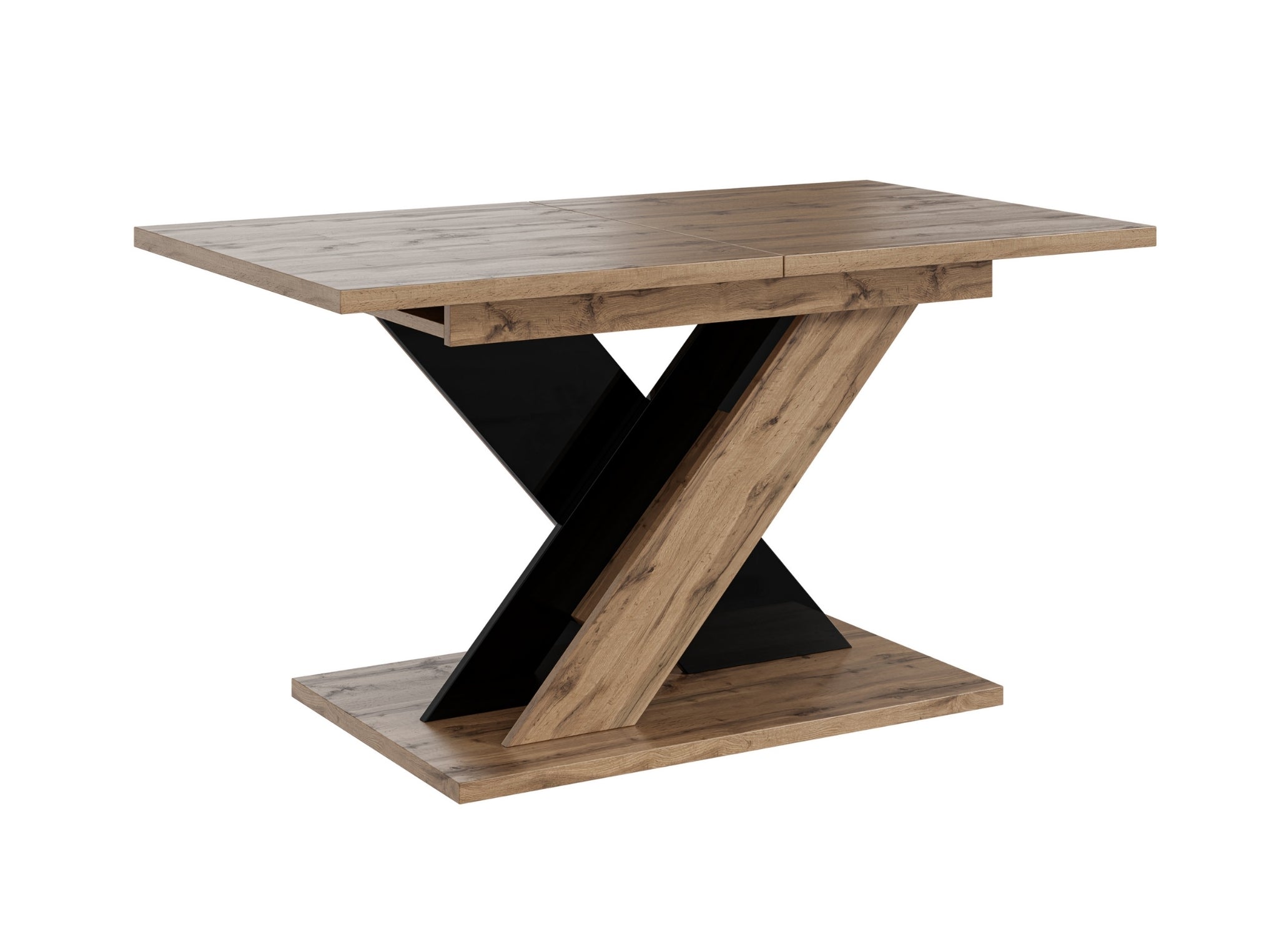 Modern extending dining table TOXX featuring a wotan oak effect tabletop and high gloss black X-shaped pedestal base, rectangular top measuring 120–160 cm in length, 80 cm in width and 75 cm in height.