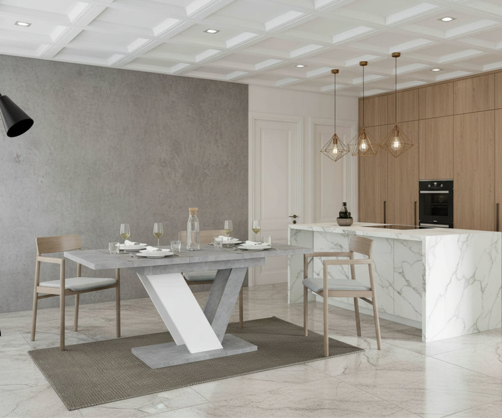 Esstisch DUBAI ausziehbar 120–160cm – Steinoptik & Weiß