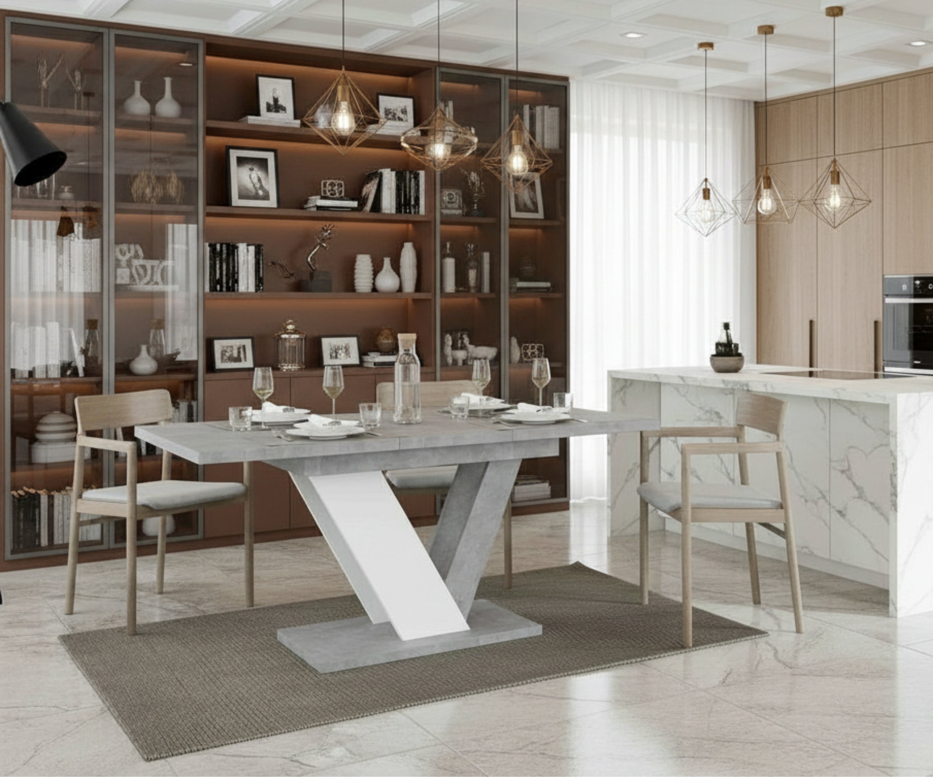 Esstisch DUBAI ausziehbar 120–160cm – Steinoptik & Weiß