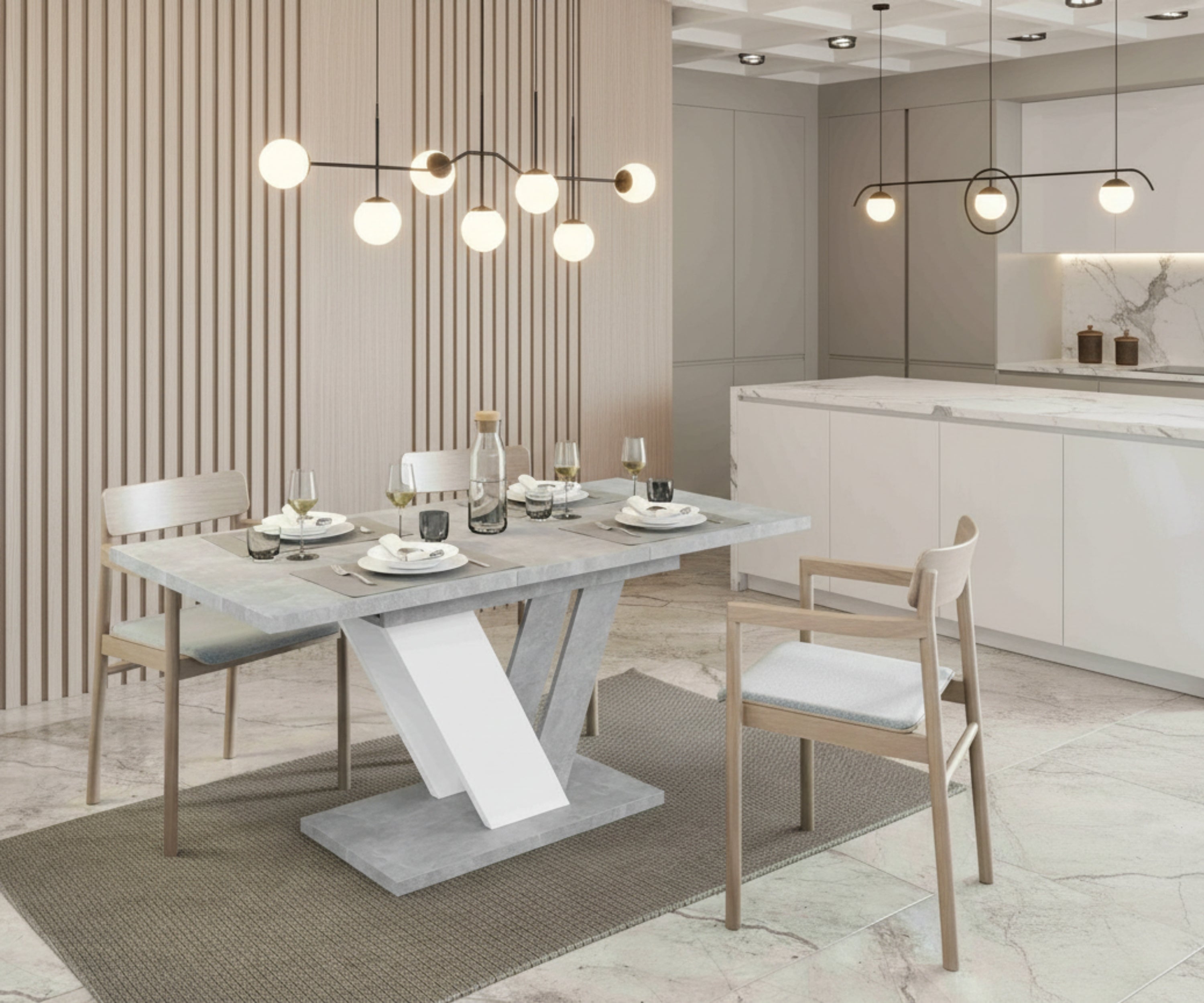 Esstisch DUBAI ausziehbar 120–160cm – Steinoptik & Weiß