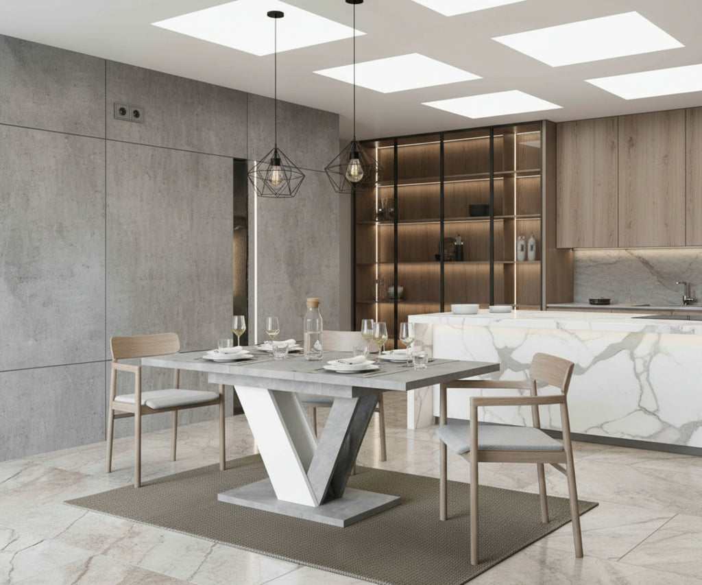 Esstisch DUBAI ausziehbar 120–160cm – Steinoptik & Weiß
