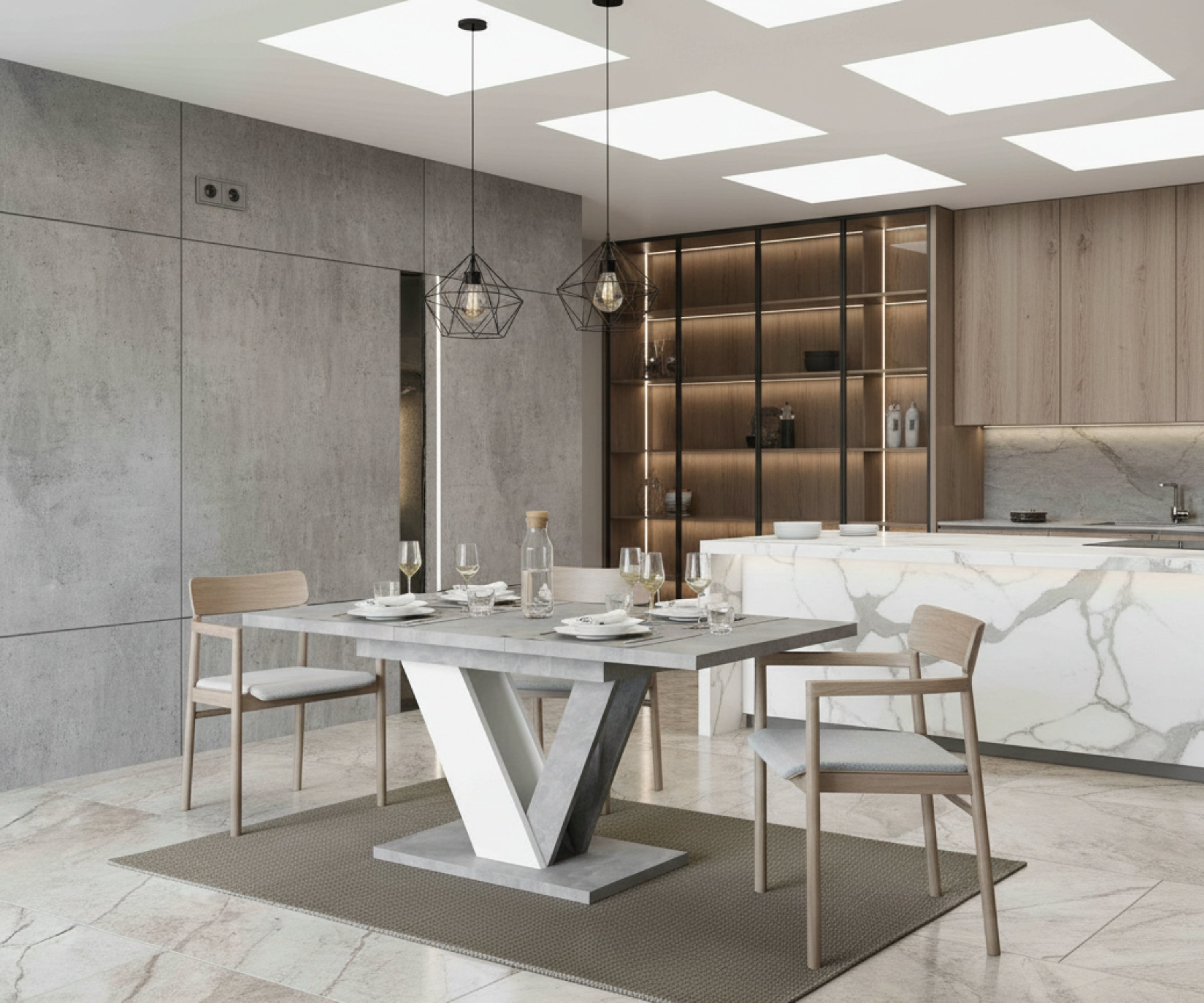 Esstisch DUBAI ausziehbar 120–160cm – Steinoptik & Weiß