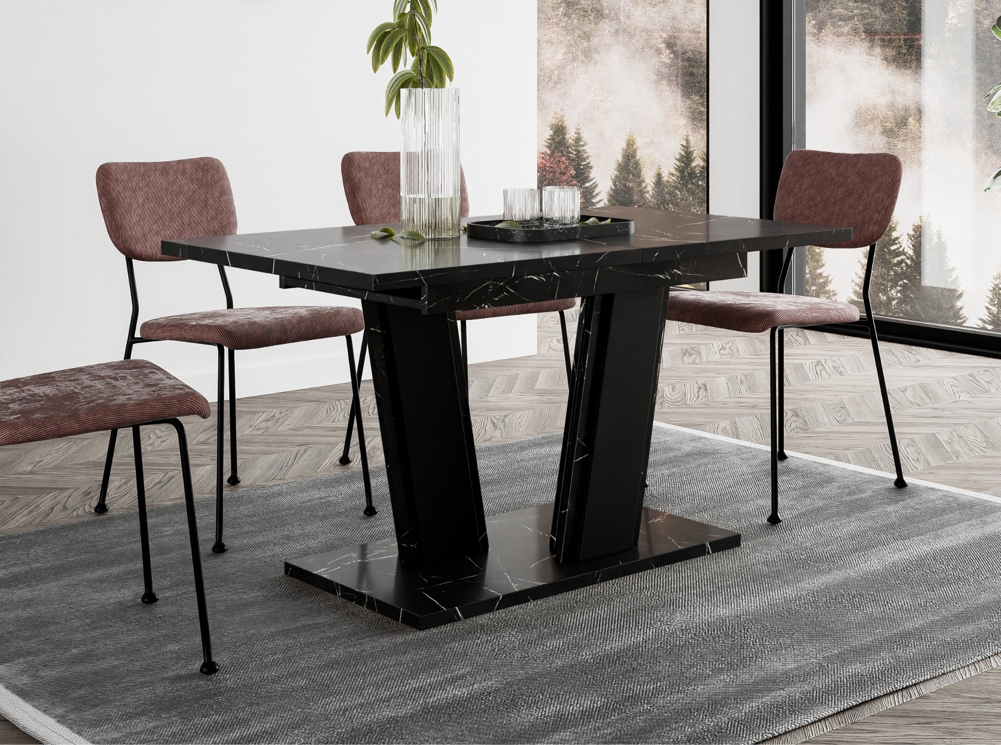 Modern kitchen table Muss featuring a durable black marble effect tabletop and black pedestal base, rectangular extending design ideal for contemporary apartments and dining spaces.