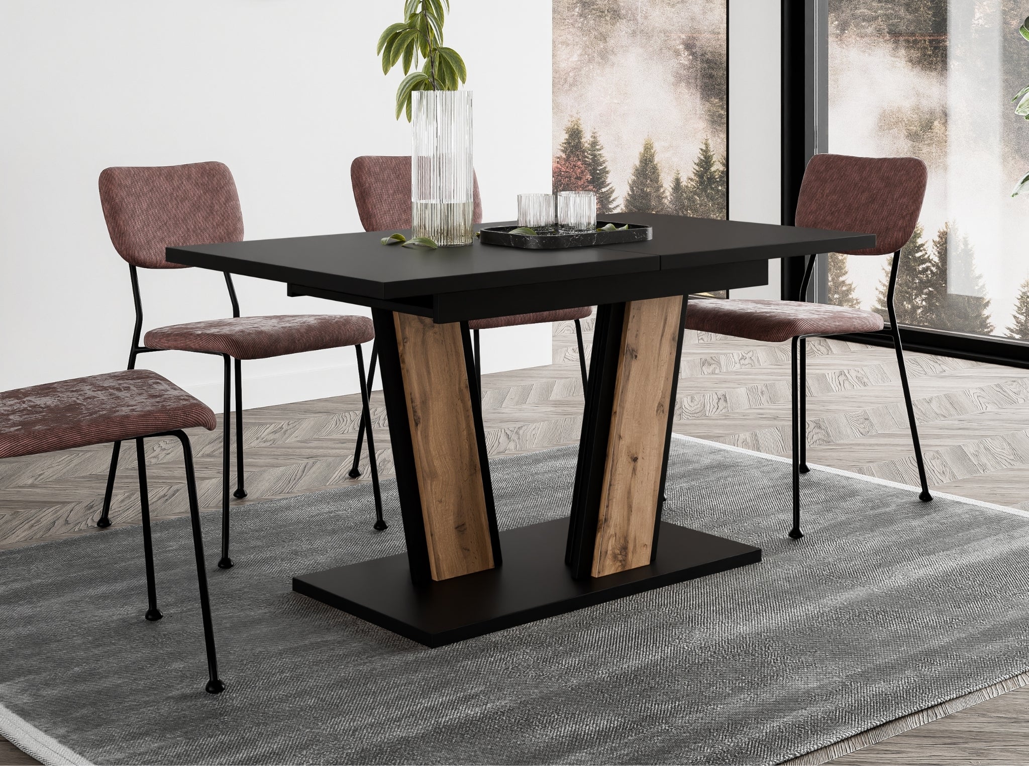 Modern kitchen table Muss featuring a black rectangular tabletop and base with wotan oak effect inserts, extending function ideal for contemporary kitchens and dining areas.