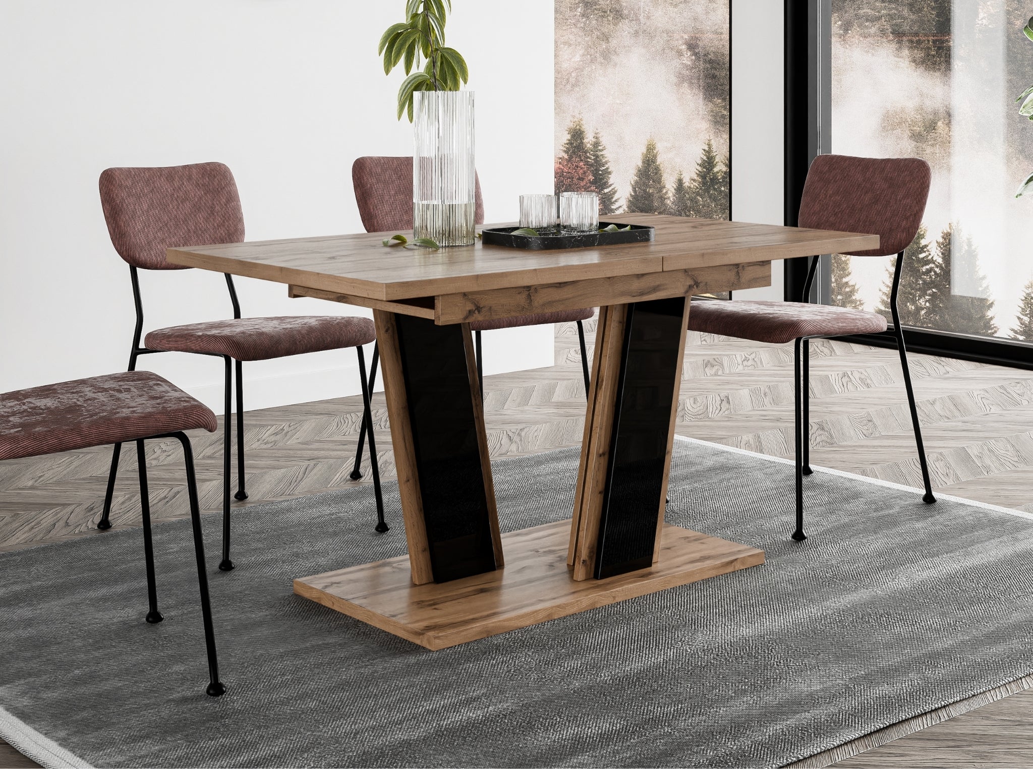 Modern kitchen table Muss featuring a durable wotan effect tabletop and black gloss pedestal base, rectangular extending design ideal for contemporary kitchens and dining areas.
